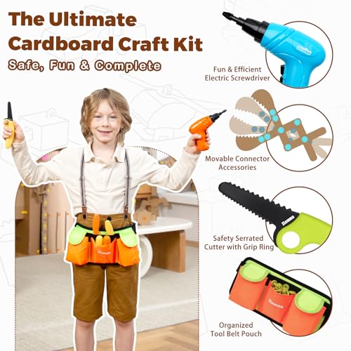 ZLemma Kids Cardboard Construction Tool Set with Electric Drill Tool Belt 258PCS STEM Building Kit for Creative Craft Projects Educational DIY Engineering Toy for Boys Girls - Image 5