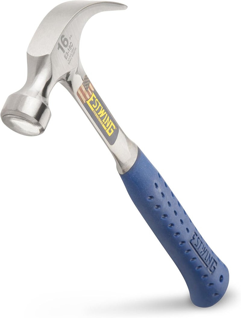 Estwing Hammer - 16 oz Curved Claw with Smooth Face & Shock Reduction Grip - E3-16C,Silver - Image 1