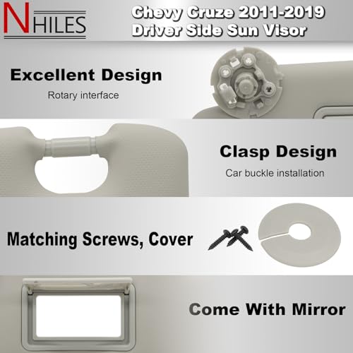 NHILES Left Driver Sun Visor Compatible with Chevy Cruze 2011-2019 Sun Visor Replacement Number 95034256 95034253 84126667 84126658 Color: Grey - Image 3