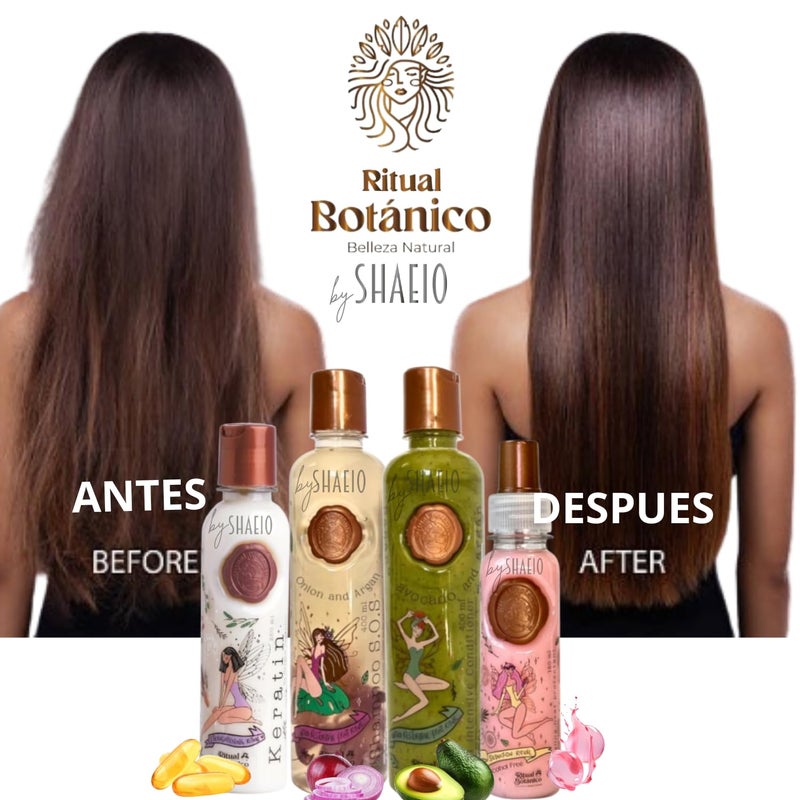 SHAEIO RITUAL BOTANICO Keratina para Alisar el Pelo 250ML + Kit Crecimiento Acelerado y Ultra Reparador S.O.S: Shampoo de Cebolla, Acondicionador Intensivo PLEX, Termoprotector para Cabello + Aplicador - Image 4