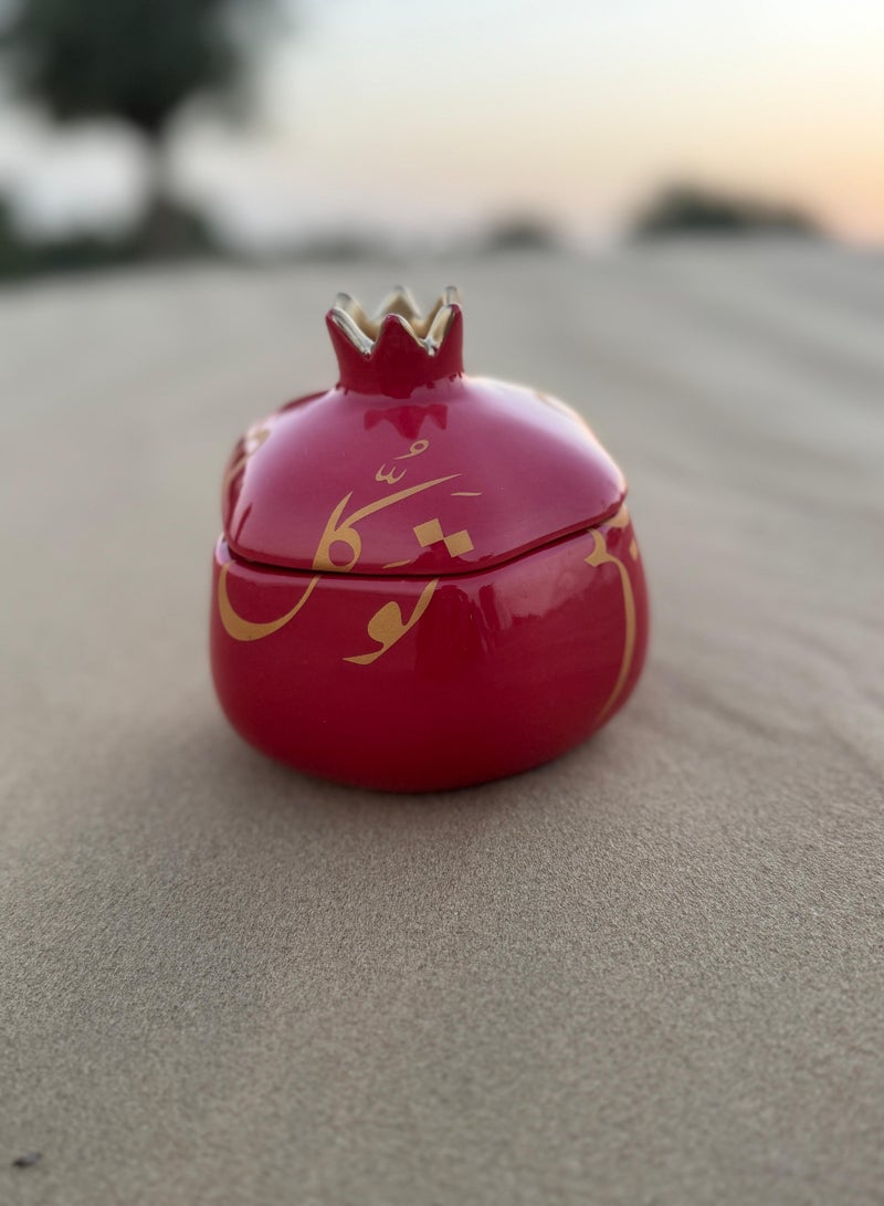 Tohfa Luxe Patience & Trust Calligraphy Lidded Ceramic Pomegranate – Deep Red - Image 2