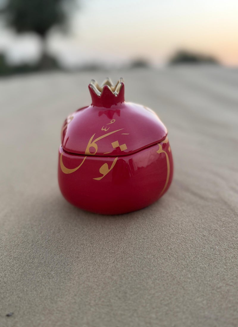 Tohfa Luxe Patience & Trust Calligraphy Lidded Ceramic Pomegranate – Deep Red - Image 1
