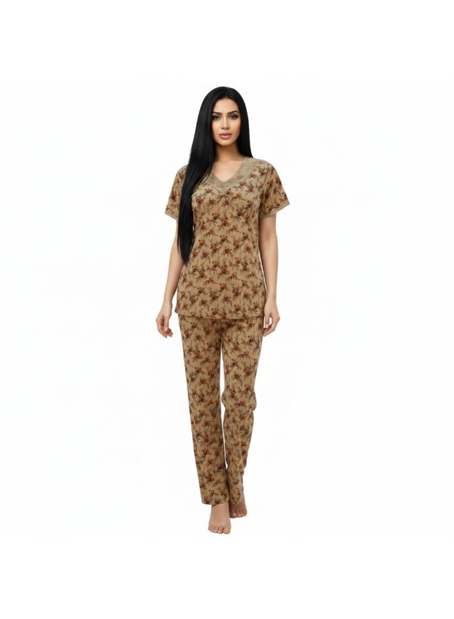 JOANNA Women's Floral Design V-Neck Shirt & Trouser Pajama Set, Beige/Brown, M - Image 4