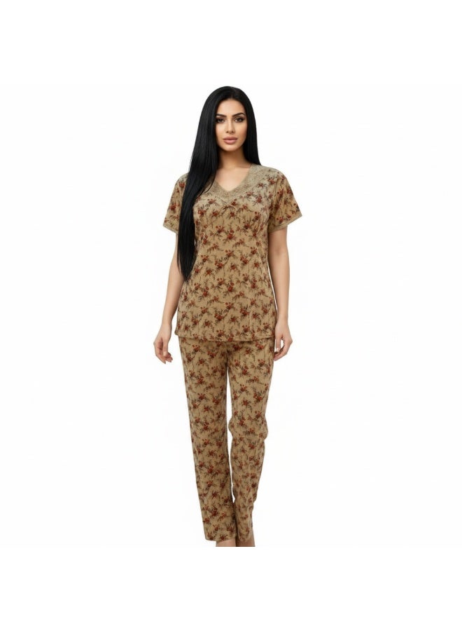 JOANNA Women's Floral Design V-Neck Shirt & Trouser Pajama Set, Beige/Brown, M - Image 1