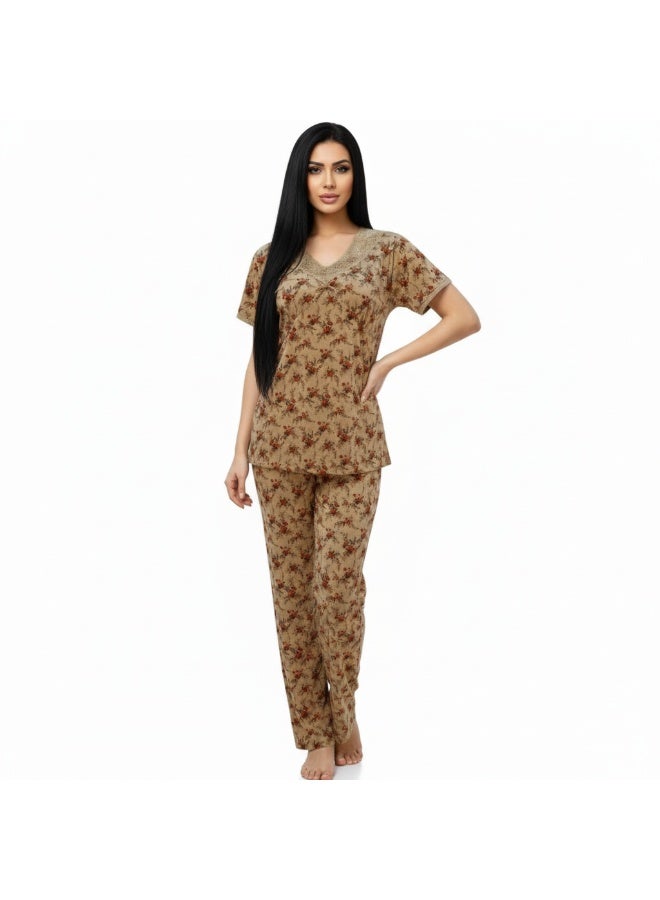JOANNA Women's Floral Design V-Neck Shirt & Trouser Pajama Set, Beige/Brown, M - Image 2