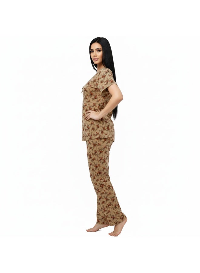 JOANNA Women's Floral Design V-Neck Shirt & Trouser Pajama Set, Beige/Brown, M - Image 5