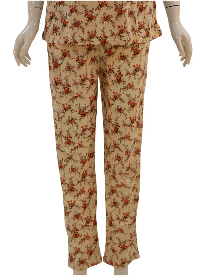 JOANNA - JOANNA Women's Floral Design V-Neck Shirt & Trouser Pajama Set, Beige/Brown - Image 1