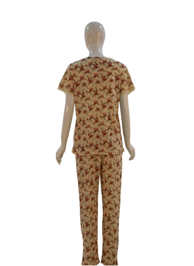 JOANNA - JOANNA Women's Floral Design V-Neck Shirt & Trouser Pajama Set, Beige/Brown - Image 1