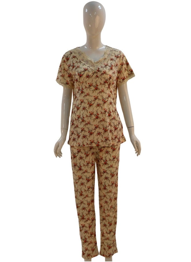 JOANNA - JOANNA Women's Floral Design V-Neck Shirt & Trouser Pajama Set, Beige/Brown - Image 1