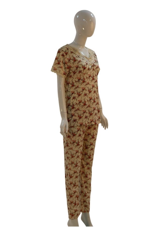 JOANNA - JOANNA Women's Floral Design V-Neck Shirt & Trouser Pajama Set, Beige/Brown - Image 1