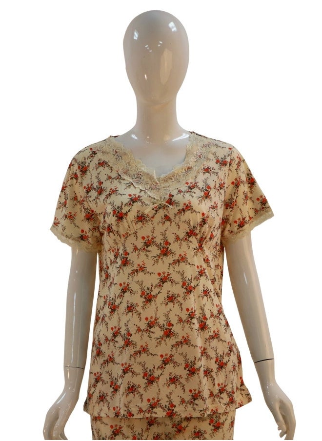 JOANNA - JOANNA Women's Floral Design V-Neck Shirt & Trouser Pajama Set, Beige/Brown - Image 1
