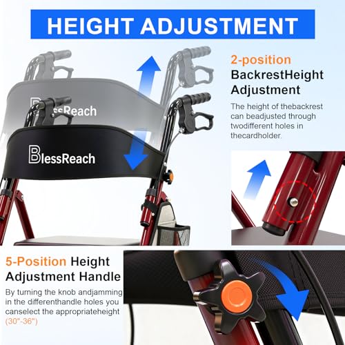 BlessReach Lightweight Foldable Rollator Walkers with Seat for Seniors 350 lb Capacity 5Position Adjustable Height Premium Hybrid Rolling Walker Aluminum and Carbon Steel Red - Image 5