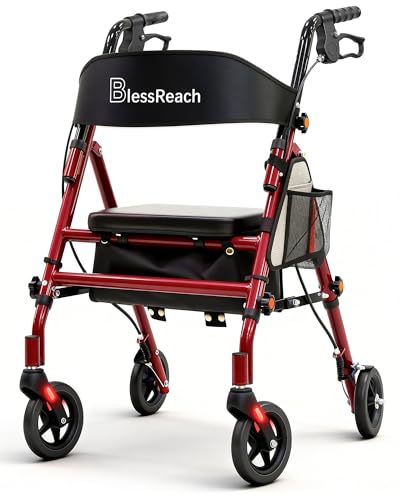 BlessReach Lightweight Foldable Rollator Walkers with Seat for Seniors 350 lb Capacity 5Position Adjustable Height Premium Hybrid Rolling Walker Aluminum and Carbon Steel Red - Image 2