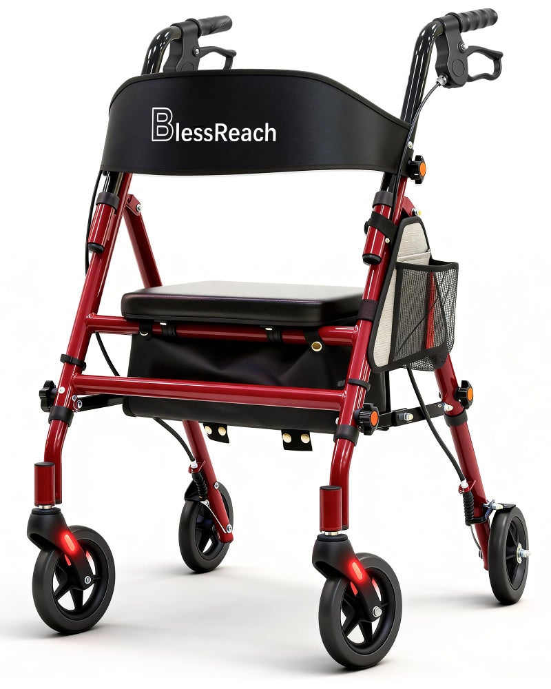 BlessReach Lightweight Foldable Rollator Walkers with Seat for Seniors 350 lb Capacity 5Position Adjustable Height Premium Hybrid Rolling Walker Aluminum and Carbon Steel Red - Image 3