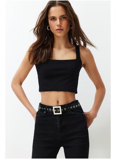 Black Plain Slim Square Neck Super Crop Knitted Undershirt TWOSS24AL00031