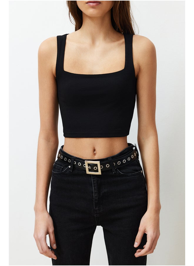 trendyol - Black Plain Slim Square Neck Super Crop Knitted Undershirt TWOSS24AL00031 - Image 1