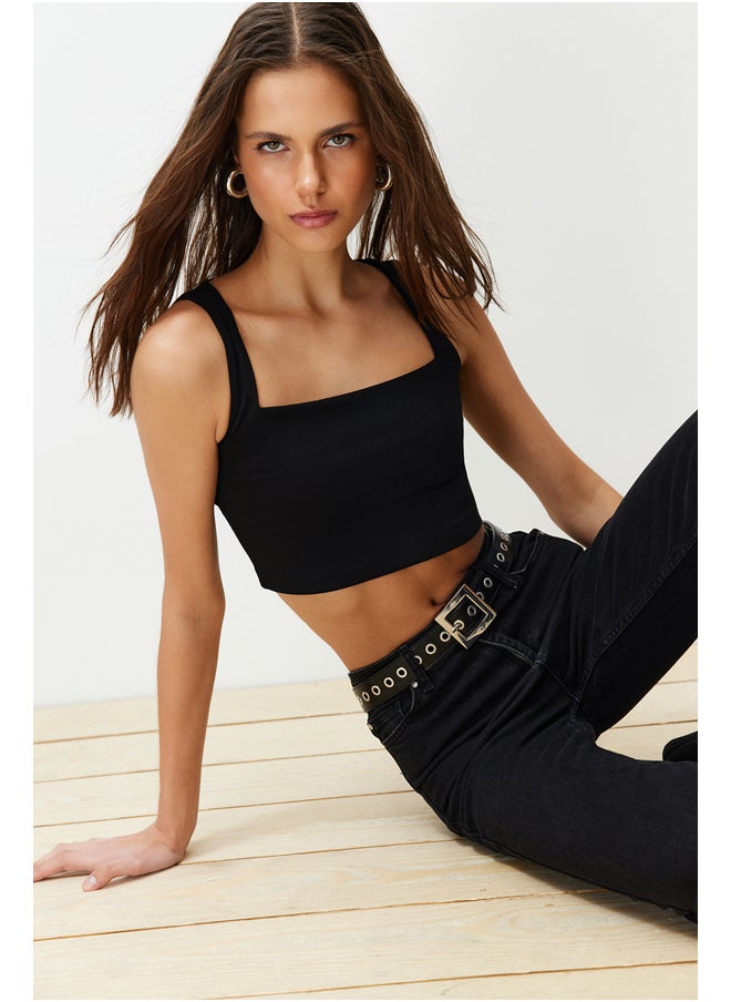 trendyol - Black Plain Slim Square Neck Super Crop Knitted Undershirt TWOSS24AL00031 - Image 1