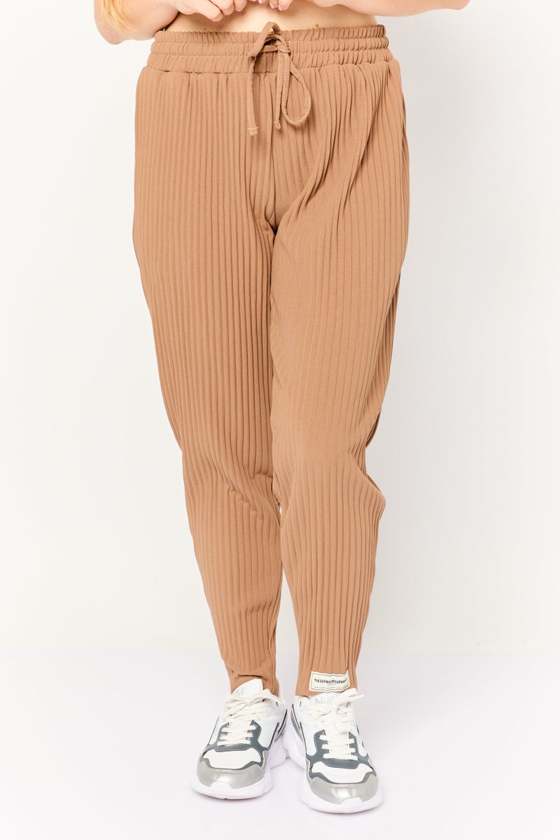 The Giving Movement Women Regular Fit Textured Straight Leg Pants, Tan - Image 1