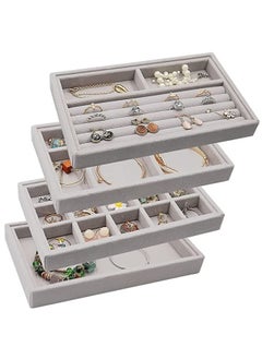 Generic Set of 4 Stackable Jewelry Organizer Trays for Drawers Display Case Storage Container Earring Necklace Rings Bracelet with Removable Dividers-Grey  - Image 5