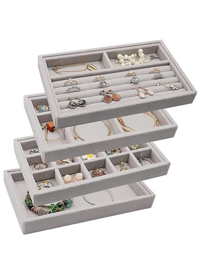 Generic Set of 4 Stackable Jewelry Organizer Trays for Drawers Display Case Storage Container Earring Necklace Rings Bracelet with Removable Dividers-Grey  - Image 5