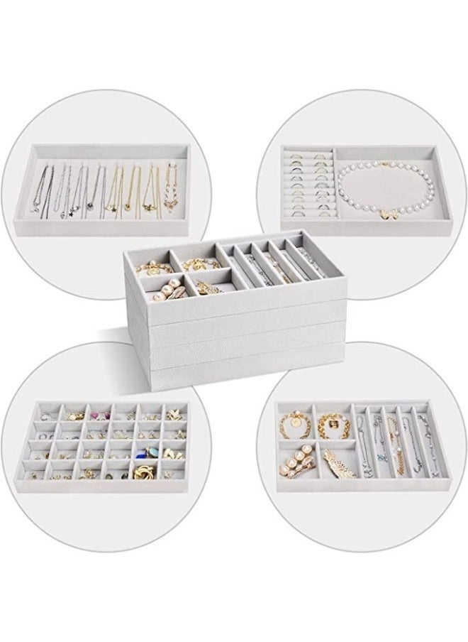 Generic Set of 4 Stackable Jewelry Organizer Trays for Drawers Display Case Storage Container Earring Necklace Rings Bracelet with Removable Dividers-Grey  - Image 2