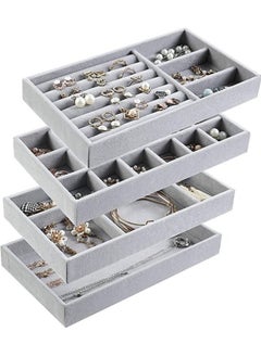 Generic Set of 4 Stackable Jewelry Organizer Trays for Drawers Display Case Storage Container Earring Necklace Rings Bracelet with Removable Dividers-Grey  - Image 1
