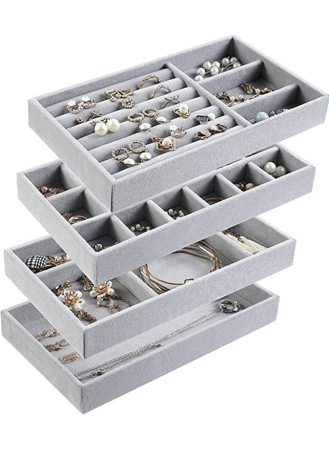 Generic Set of 4 Stackable Jewelry Organizer Trays for Drawers Display Case Storage Container Earring Necklace Rings Bracelet with Removable Dividers-Grey  - Image 1