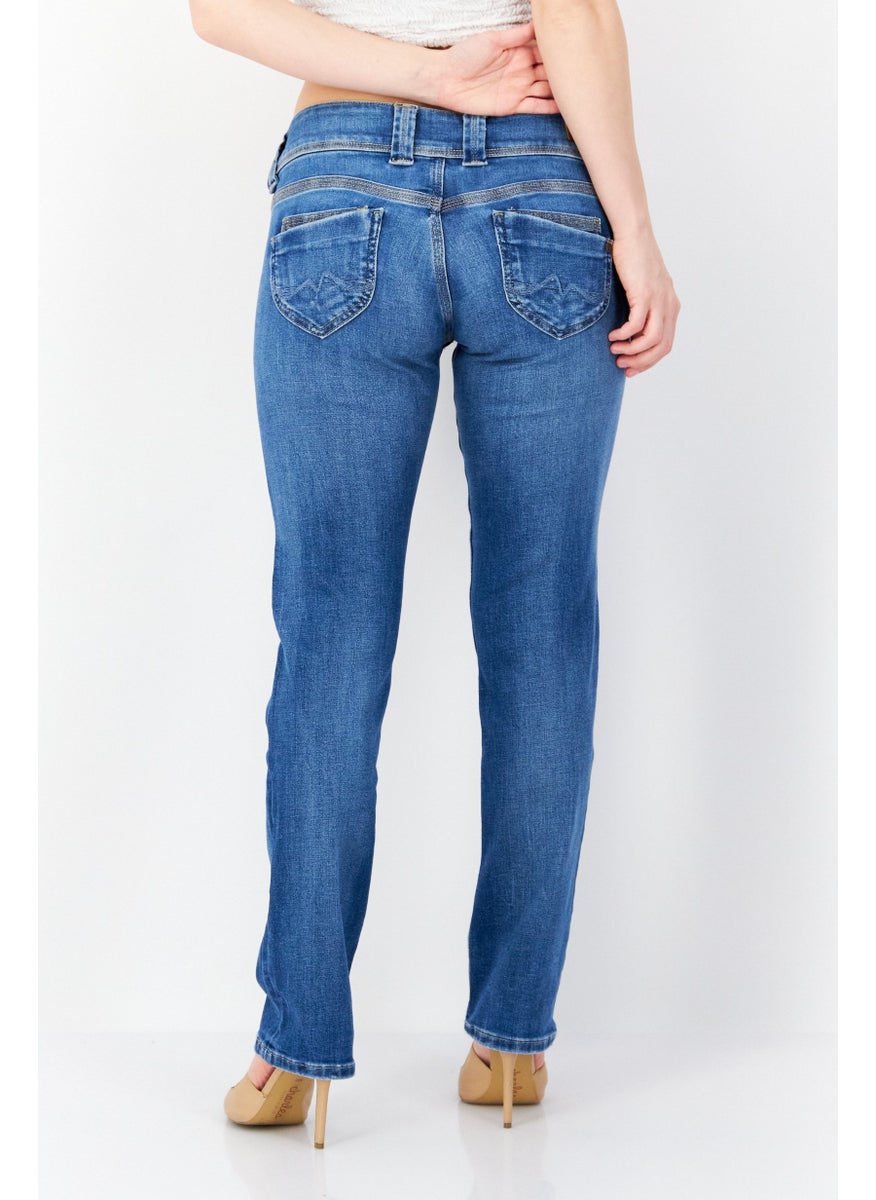 Pepe Jeans Women Straight Fit Washed Stretchable Denim Jeans, Blue  - Image 3