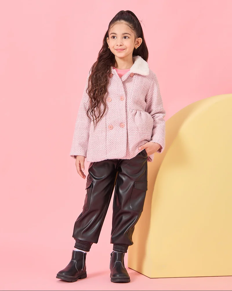 Redtag Girls Pink Checkered Coat With Fur Collar