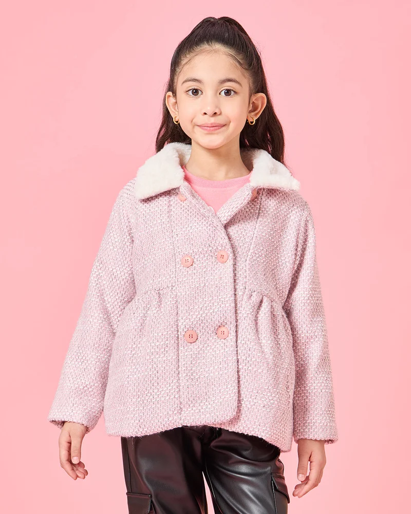 Redtag Girls Pink Checkered Coat With Fur Collar