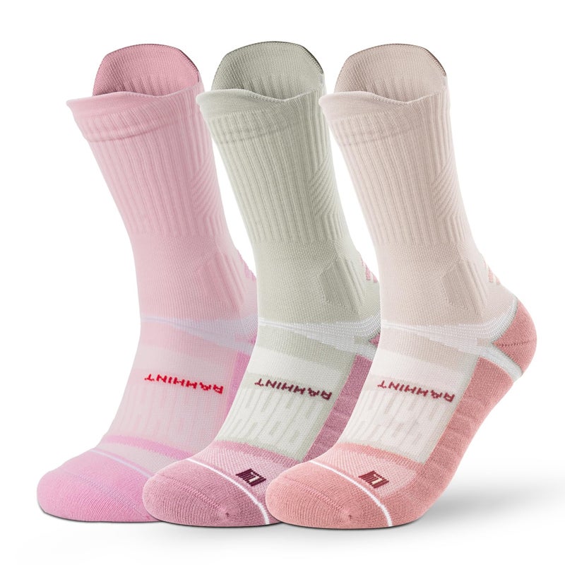 Rahhint Coolmax Compression Running Socks for Women 3 Pairs, Cushion Crew Socks, Anti-Blister Moisture Wicking Athletic Socks, Mix Pink, 8-11 - Image 1