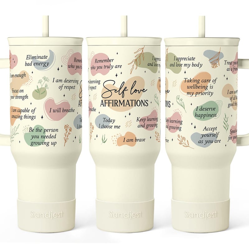 SANDJEST Inspirational Tumbler with Handle 40oz Daily Positive Inspiration Coffee Cup Stainless Steel Travel Mug Motivational Gifts for Women Girls Friends Coworker Gift for Christmas Birthday
