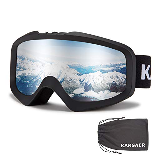 Karsaer Ski Goggles AntiFog Snow Goggles OTG 100 UV Protection Snowboard Goggles Bendable DualLenses for Men Women Youth