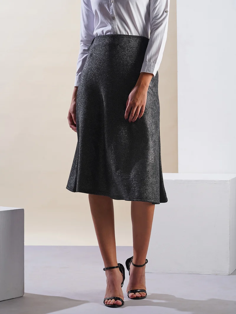 globus Globus Women Gunmetal Shimmer Ribbed Mid-Rise Flared Midi Party Skirt