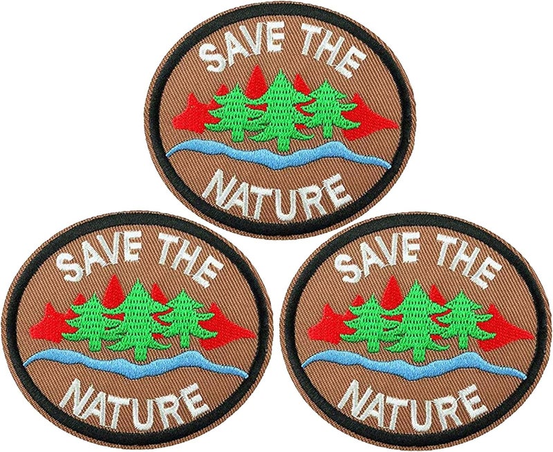 U-Sky Sew or Iron on Embroidered Patches | Save The Nature Design with Pine Trees River | Eco-Friendly Message | Outdoor Enthusiasts Nature Lovers | Jackets Backpacks Hats | 3x2.7inch 3PCs - Image 1