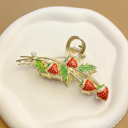 GEOCARTER Floral Cherry Hair Clutcher for Women & Girls – Premium Alloy Metal Hair Claw Clip, Lightweight & Handmade with Smooth Edges – Cute & Durable Hair Accessory for All Occasions (Strawberry) - Image 2