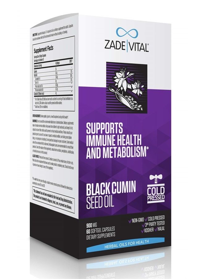 Zade Vital Black Cumin Seed Oil, Supports Healthy Immune System and Metabolism, Dietary Supplement, 900 MG, 60 Softgels, Cold Pressed, Nigella Sativa, GMP, Halal, Kosher, Non GMO, 3rd Party Tested