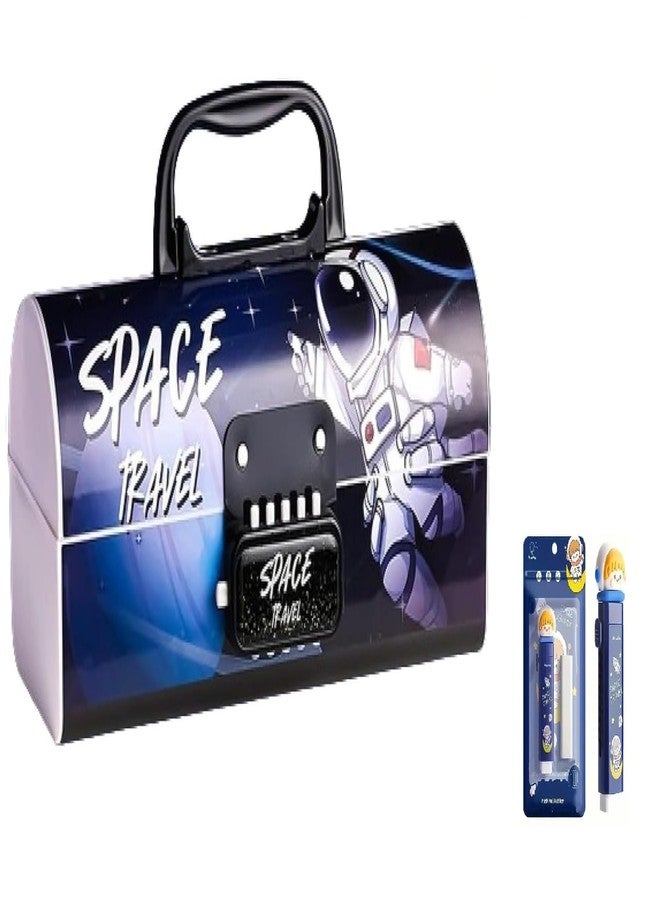 Invite Enterprise Invite New Cartoon Theme Pencil Box with Push Pull Eraser Set for Kids | Suitcase Style Password Lock Stationery Organizer | School Supplies Gift Combo for Boys & Girls (Dark Space + Eraser) - Image 1