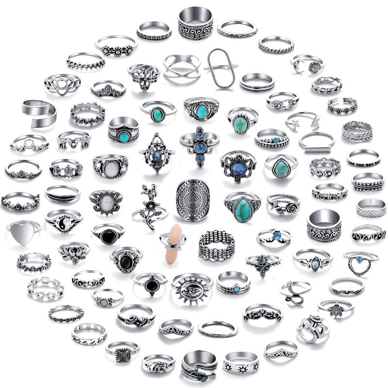17mile 17 MILE 82 Pcs Vintage Silver Knuckle Rings Set for Women, Bohemian Stackable Joint Finger Rings, Retro Stone Crystal Stacking Midi Rings Pack (Silver) - Image 1