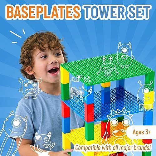 Strictly Briks Stackable Baseplates - Compatible with Lego, 6 x 6 inches Stackable Baseplates for Buidling Brick Display Shelves, Expand Vertical Builds, 4 Baseplates & 30 Stakcers, Multicolor - Image 3