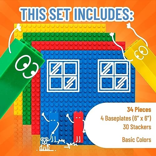 Strictly Briks Stackable Baseplates - Compatible with Lego, 6 x 6 inches Stackable Baseplates for Buidling Brick Display Shelves, Expand Vertical Builds, 4 Baseplates & 30 Stakcers, Multicolor - Image 5