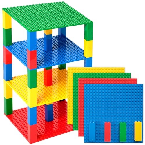 Strictly Briks Stackable Baseplates - Compatible with Lego, 6 x 6 inches Stackable Baseplates for Buidling Brick Display Shelves, Expand Vertical Builds, 4 Baseplates & 30 Stakcers, Multicolor - Image 1