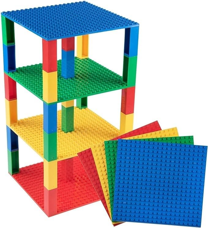 Strictly Briks Stackable Baseplates - Compatible with Lego, 6 x 6 inches Stackable Baseplates for Buidling Brick Display Shelves, Expand Vertical Builds, 4 Baseplates & 30 Stakcers, Multicolor - Image 4