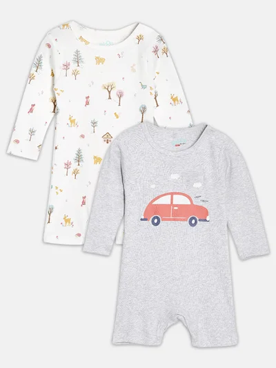 Broon Broon Infant Boys Grey and Off White Printed Organic Cotton Rompers Pack of 2
