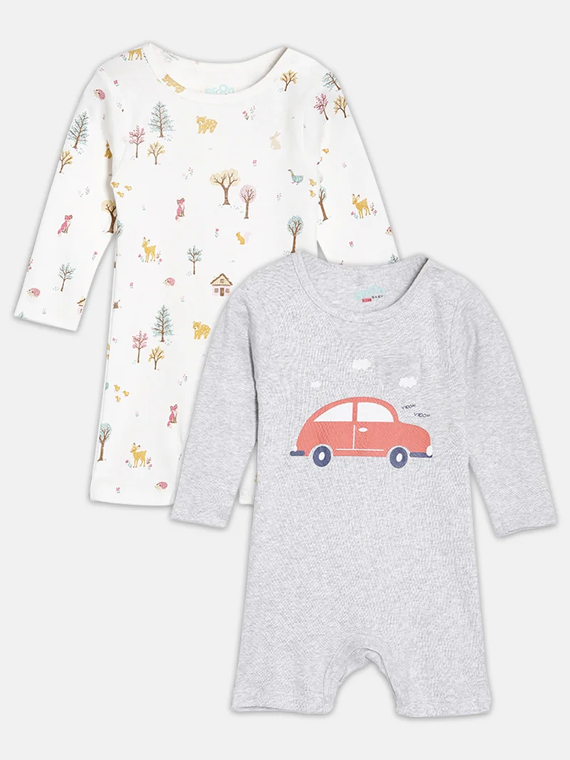 Broon Broon Infant Boys Grey and Off White Printed Organic Cotton Rompers Pack of 2