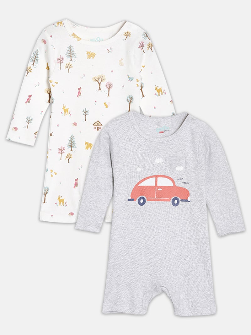 Broon Infant Boys Grey and Off White Printed Organic Cotton Rompers Pack of 2 - Image 1