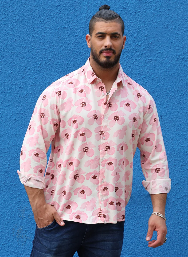 Instafab Plus Instafab Plus Men's Light Pink Flower Petals Shirt For Casual Wear | Spread Collar | Long Sleeve | Button Closure | Heavy Rayon Shirt Crafted With Comfort Fit For Everyday Wear