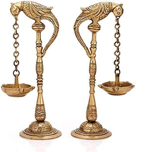 ARTVARKO ARTVARKO Brass Metal Parrot Chain Hanging Diya Pair Design Traditional Deepak for Puja Diwali Lights Pooja Home Decor Mandir Gift Holder Gold 7 Inches 