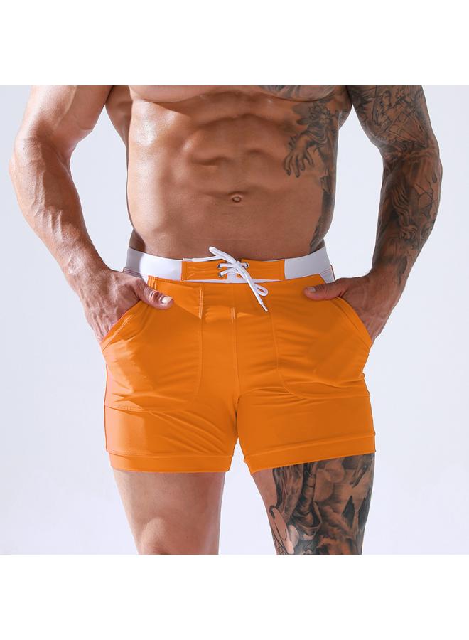 European-sized Double-layer Extra-large High-grade Men's Quarter Boxer Swim Trunks Men's Solid Color Lace-up Swimming Trunks Beach Pants