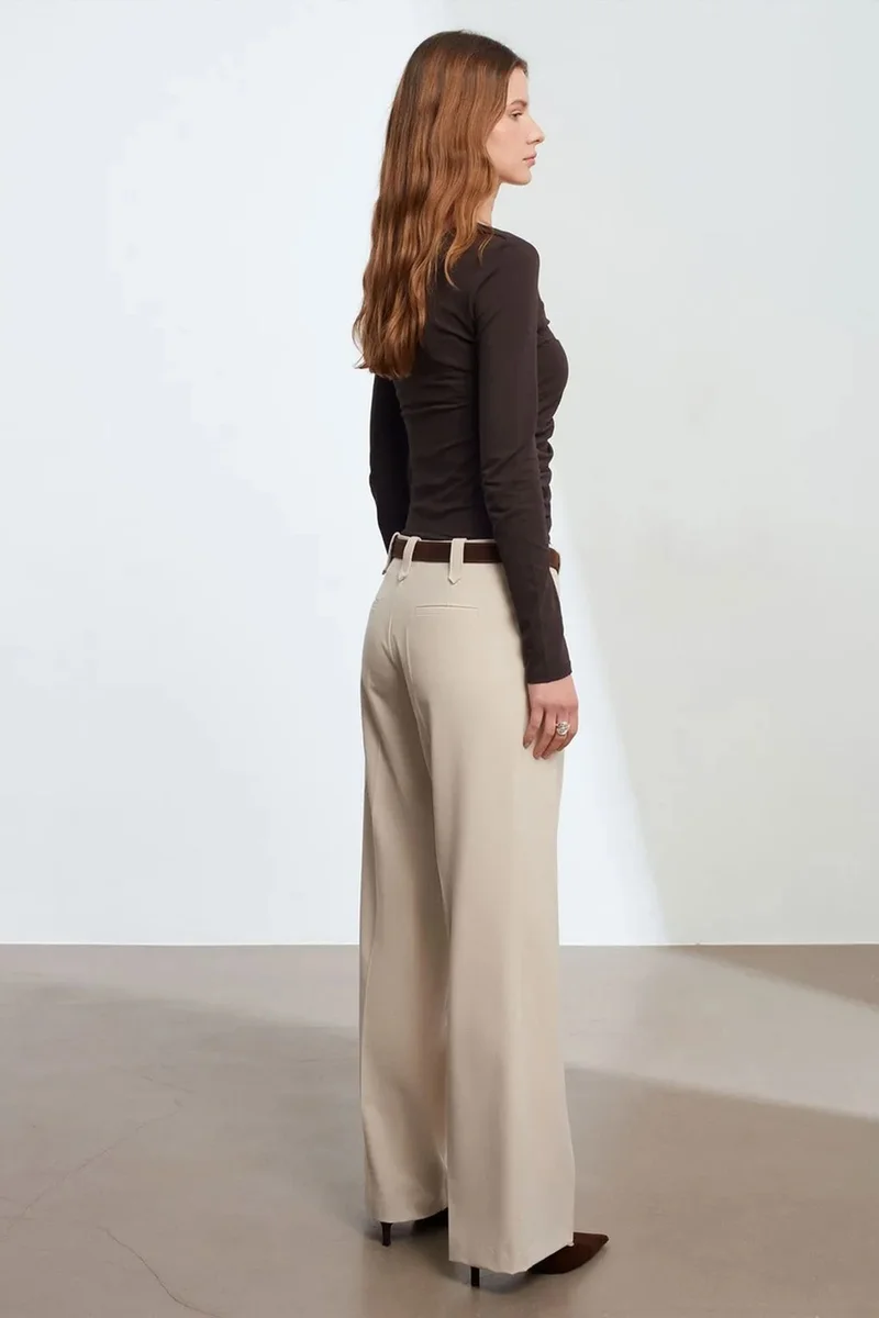 Dilvin Stone Natural DILVIN Mid-Waist Wide-Leg Crepe Trousers for Women | Best Price UAE